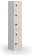 Šatníková skrinka S1 s úložnými boxmi, 5 boxov, 1850 x 300 x 500 mm, demont, mechanický kódový zámok, laminované dvere, breza
