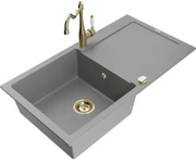 Mexen Leo, granitový drez 900x500x190 mm, 1-komorový a drezová batéria Carla, šedá, 6501-71-670700-50