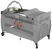 Cestovná postieľka s prebaľovacou podložkou a hracím oblúkom, sivá