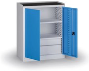 Policová dielenská skriňa 2-dverová, 2 police + 4 zásuvky, 1180 × 950 × 500 mm, modré dvere