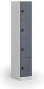 Šatníková skrinka S1 s úložnými boxmi, 4 boxy, 1850 x 300 x 500 mm, demont, zámok s čítačkou RFID kariet, tmavosivé dvere