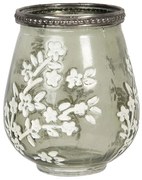 Zelený sklenený svietnik s bielymi kvetmi - Ø 9 * 11 cm