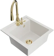 Mexen Vito, 1-komorový granitový drez 520x490x210 mm a drezová batéria Savita, biela, 6503-20-672601-50