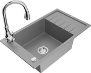Mexen Elias granitový jednokomorový drez s odkvapkávačom a kuchynskou batériou Savita, Šedá - 6511-71-672601-00