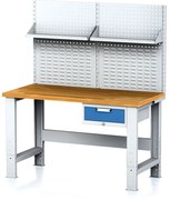 Alfa 3 Nastaviteľný dielenský stôl MECHANIC I, závesný box na náradie, nadstavba, polica, 1 zásuvka, 1500x685x700-1055 mm, modré