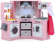 Drevená detská kuchynka so svetlom a zvukom a dávkovačom vody a práčkou a príslušenstvom Hracia kuchynka ružová