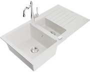 Mexen Matias, granitový drez 900x505x200 mm, 1,5-komorový a drezová batéria Carla, biela, 6502-20-670700-00