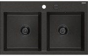 Mexen Hektor, 2-komorový granitový drez 800x480x205 mm, čierna-zlatá metalíza, grafitový sifón, 6521802000-75-B