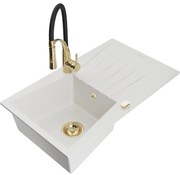 Mexen Cesar, 1-komorový granitový drez 775x470x190 mm a drezová batéria Aster, biela, 6514-20-73450-57-G