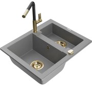Mexen Carlos, 1,5-komorový granitový drez 582x475x177 mm a drezová batéria Flora, šedá, 6518-71-670401-57-G