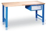 Výškovo nastaviteľný pracovný stôl GD so závesným boxom na náradie, buková škárovka, 1 zásuvka, 1200 x 685 x 850 - 1050 mm, modrá