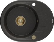 Mexen Kevin granitový jednokomorový drez s odkvapkávačom 586 x 458 mm, Čierna/Zlatá metalíza, Sifón Zlatá - 6517581005-75-G