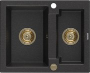 Mexen Carlos granitový 1,5-komorový drez 582 x 475 mm, Čierna/Strieborná metalíza, Sifón Zlatá - 6518581500-73-G