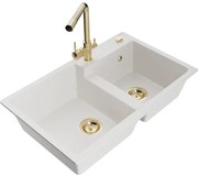 Mexen Tomas, granitový drez 800x500x190 mm, 2-komorový a biela batéria Duero, biela, 6516-20-671600-50
