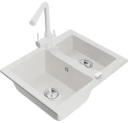 Mexen Carlos, 1,5-komorový granitový drez 582x475x177 mm a drezová batéria Duero, biela, 6518-20-671600-20