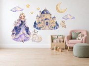 Mesačná princezná a hviezdny zámok nočné rozprávkové akvarelové nálepky na stenu pre dievčatká arch 46 x 34 cm