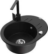 Mexen Kevin granitový jednokomorový drez s odkvapkávačom a kuchynskou batériou Rita, Čierna - 6517-77-670300-70