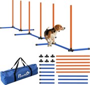 PawHut 3-dielna sada agility pre psy so slalomovými tyčami, kolíkmi a prepravnou taškou — prenosná sada na tréning do interiéru i exteriéru, oranžová