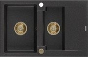 Mexen Gaspar granitový 1,5-komorový drez s odkvapkávačom 737 x 475 mm, Čierna/Strieborná metalíza, Sifón Zlatá - 6507731505-73-G