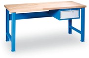 Dielenský pracovný stôl GD so závesným boxom na náradie, buková škárovka, 1 zásuvka, 1500 x 800 x 850 mm, modrá