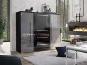 KOMODA BEATE LED ŠEDÁ + ČIERNY KORPUS + ČIERNE ZÁSUVKY VYSOKÝ LESK 136 cm