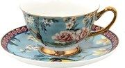 Modrá porcelánová šálka s tanierikom s kvetmi a Tukanom - 12*10*6 cm / Ø 15*2 cm / 200 ml