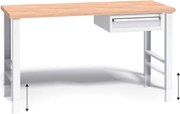 Výškovo nastaviteľný pracovný stôl do dielne G3 so závesným boxom na náradie, buková škárovka, 1 zásuvka, 1500 x 685 x 840 - 1050 mm, sivá