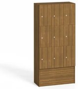 Drevená odkladacia skrinka S5 s úložnými boxami, 9 boxov, 1700 x 900 x 420 mm, cylindrický zámok, orech