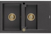 Mexen Gaspar granitový 1,5-komorový drez s odkvapkávačom 737 x 475 mm, Čierna škvrnitá, Sifón Zlatá - 6507731505-76-G