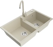 Mexen Tomas, granitový drez 800x500x190 mm, 2-komorový a béžová batéria Telma, béžová, 6516-69-670200-69