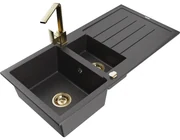 Mexen Andres, granitový drez 1000x500x200 mm, 1,5-komorový, čierna škvrnitá so zlatým sifónom a zlatá drezová batéria Rita, 6515-76-670300-50