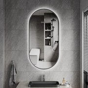 Erga Freya, oválne LED zrkadlo 50x100cm v čiernom kovovom ráme, 3 farby svetla, zadné osvetlenie, vyhrievacia podložka proti zapareniu, ERG-V01-FREYA-5010-BK