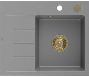 Mexen Ben, 1-komorový granitový drez 600x500x190 mm, pravý + zlatý sifón, šedá, 6523605000-71-G