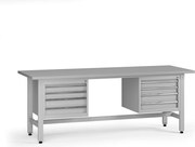Výškovo nastaviteľný dielenský stôl G5, 2100 x 750 x 800-1000 mm, 2x kontajner, 8 zásuviek, sivá
