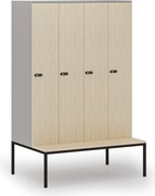 Drevená šatníková skrinka S4 s lavičkou, 4 oddiely, 1871 x 1200 x 500/800 mm, demont, mechanický kódový zámok, sivá/breza