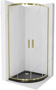Mexen Rio, štvrťkruhový sprchovací kút s posuvnými dverami 80(dvere) x 80(dvere) x 190 cm, 6mm číre sklo, zlatý profil + čierna sprchová vanička SLIM, 863-080-080-50-00-4170G