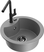 Mexen Diego granitový jednokomorový drez s kuchynskou batériou Flora, Šedá - 6512-71-670401-70-B