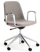 Stolička LANGLEY, nízky sedák, s kolieskami a podrúčkami, brúsený hliník/šedohnedá