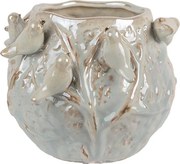 Modrý terakotový obal na kvetináč s zdobeným vtáčikmi - 22*21*17 cm