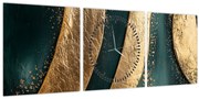 Obraz - Zelená abstrakcia so zlatom I. (s hodinami) (90x30 cm)