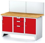 Alfa 3 Dielenský stôl MECHANIC I , perforovaný panel, 2 skrinky a zásuvkový box na náradie, 3 zásuvky, 1500x685x880 mm, červené dvere