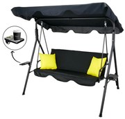 Záhradná hojdačka 170cm - čierna so žltými vankúšmi a podstavcami na nápoj