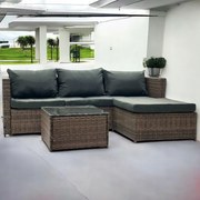 Hnedá ratanová súprava so stolíkom a sivými vankúšmi