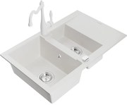 Mexen Gaspar, granitový drez 752x436x161 mm, 1,5-komorový a drezová batéria Carla, biela, 6507-20-670700-20