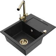 Mexen Enzo, granitový drez 576x465x174 mm, 1-komorový, zlatá batéria Duero, čierna - strieborná metalíza, 6506-73-671600-50