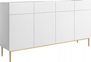 Biela štvordverová komoda Nicole 200 cm so zásuvkami s ryhovaným čelom - biely mat / zlaté nožičky
