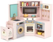Rohová kuchyňa so svetlami a zvukmi Drevená kuchyňa s výsuvným košom Záclona Drez Varná doska Mikrovlnná ružová