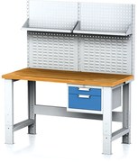 Alfa 3 Nastaviteľný dielenský stôl MECHANIC I, závesný box na náradie, nadstavba, polica, 2 zásuvky, 1500x685x700-1055 mm, modré