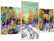 Obraz - Zasnežená cesta lesom, olejomaľba (90x60 cm)