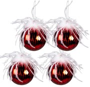 4ks červená vianočná ozdoba gule s pierkami - Ø 10 cm